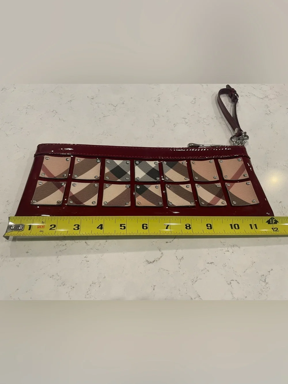 Burberry Oxblood Patent Nova Check Studded Wristlet Clutch Italy - Picture 8 of 10